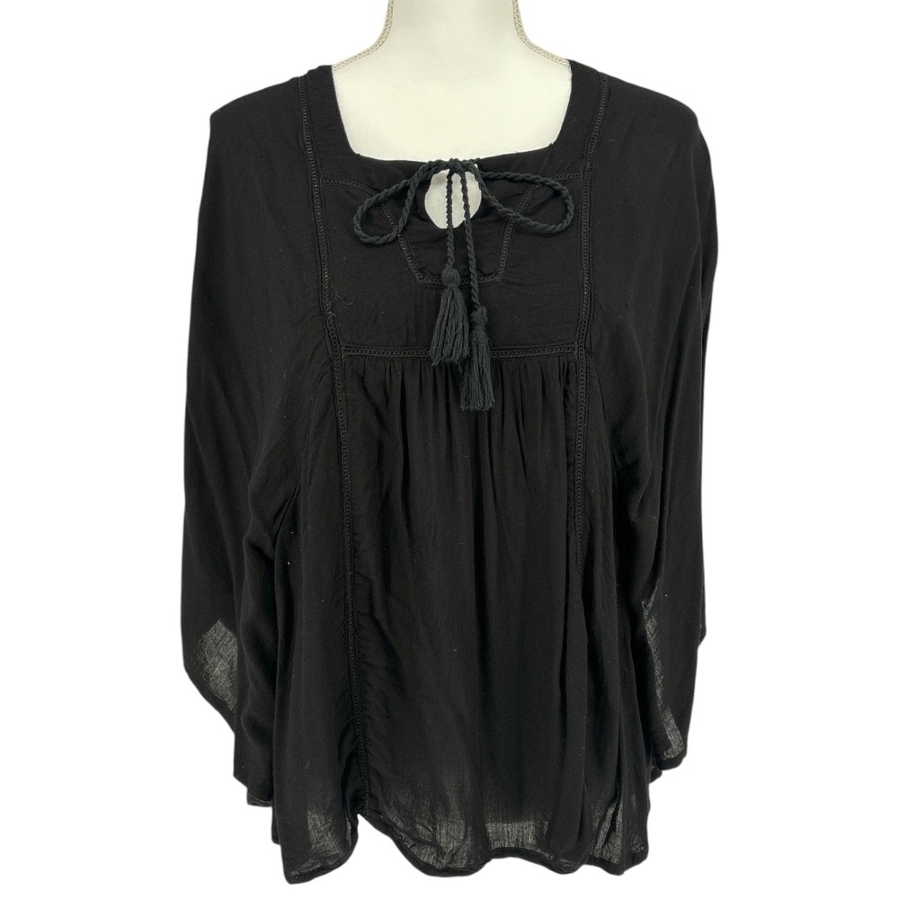 World Market Boho Flowy Top Black Tassel Lace Trim Butterfly Sleeve Womens S/M